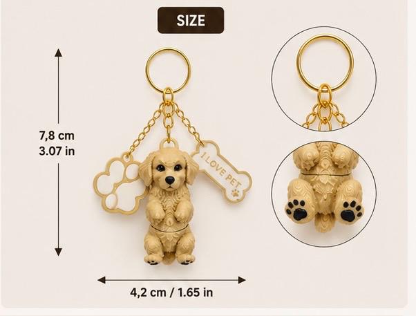 Golden Retriever Articulated Dog Keychain With Paw & Bone Cham