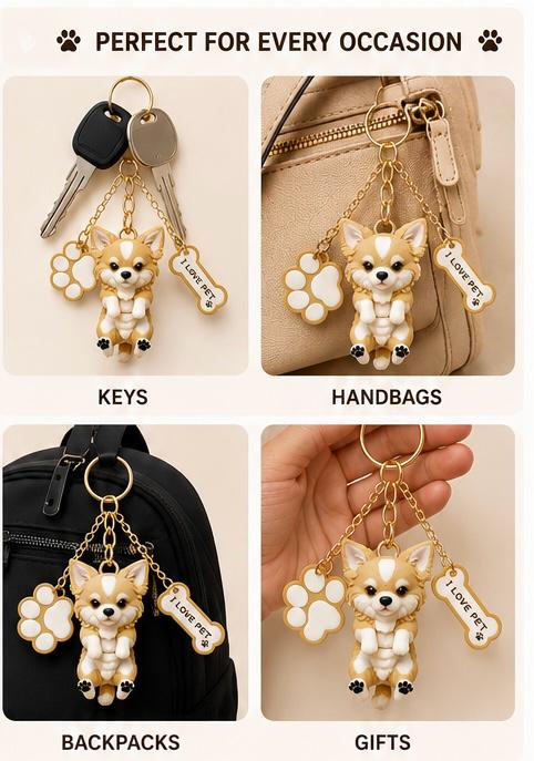 Cute Chihuahua Dog Keychain with Paw & Bone Charm