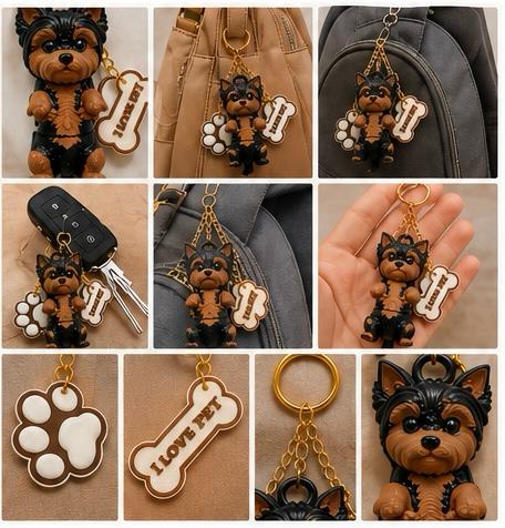 Yorkshire Dog Keychain- Cute Puppy Bag Charm With Paw & Bone Accessories