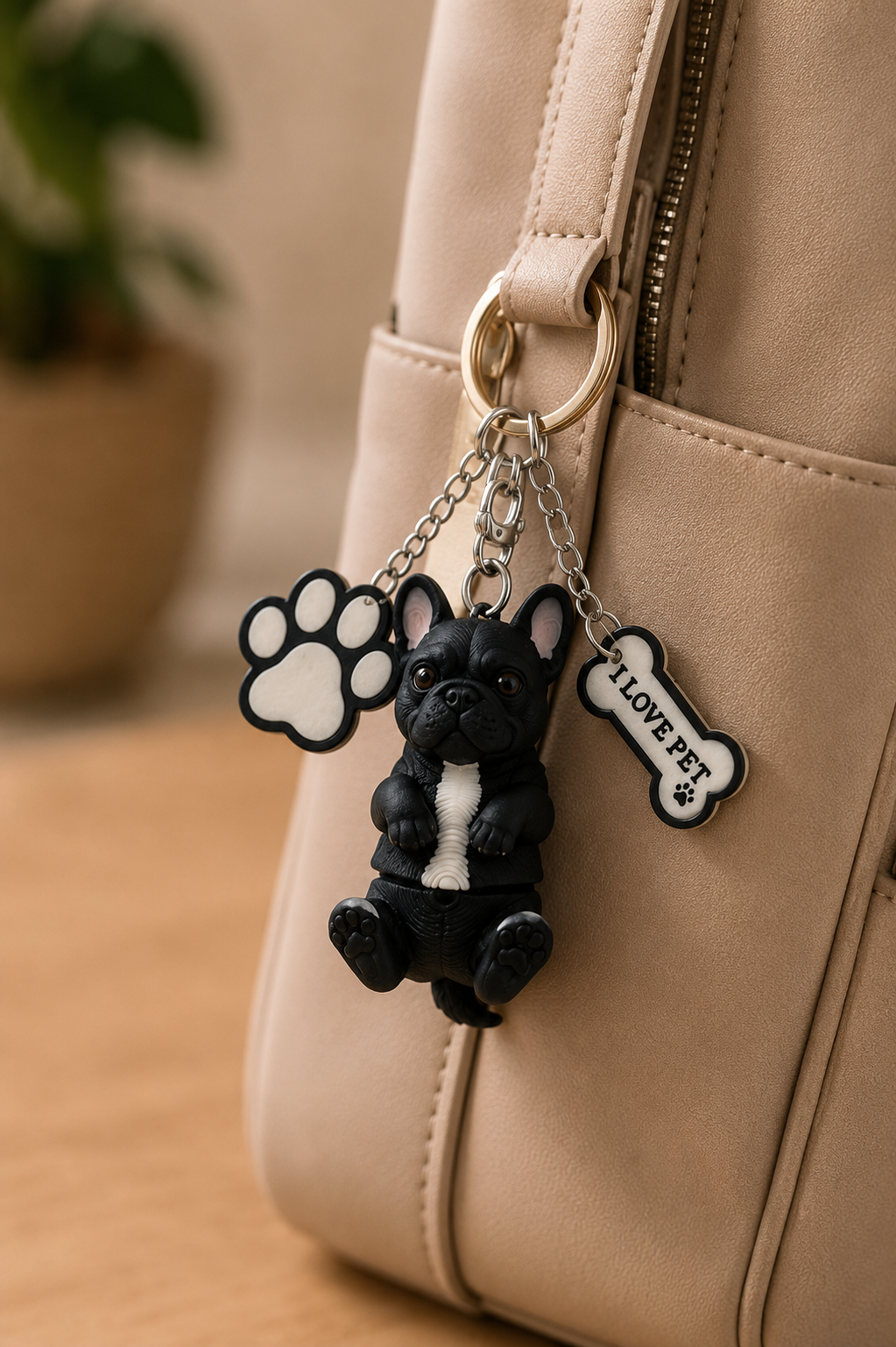 Bulldog Dog Keychain - Cute Puppy Bag Charm with Paw & Bone Accessories
