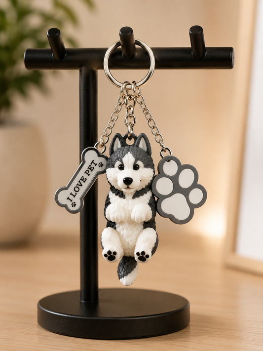 Husky Dog Keychain - Cute Puppy Bag Charm with Paw & Bone Accessories