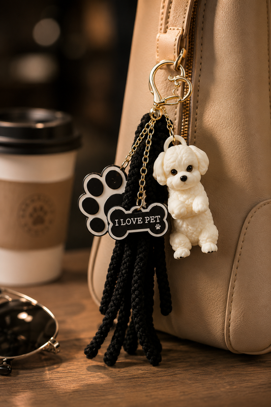 Love Pets Maltese Girl Keychain- Cute Puppy Bag Charm with Paw & Bone Accessories
