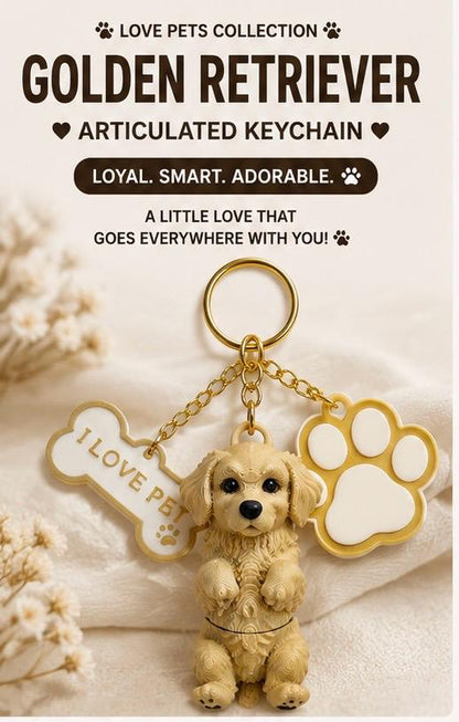 Golden Retriever Articulated Dog Keychain With Paw & Bone Cham