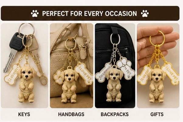 Golden Retriever Articulated Dog Keychain With Paw & Bone Cham