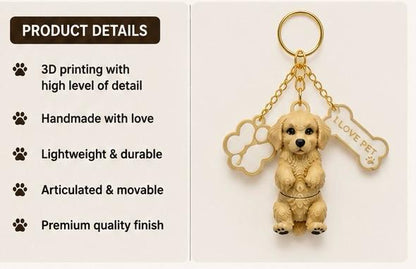 Golden Retriever Articulated Dog Keychain With Paw & Bone Cham