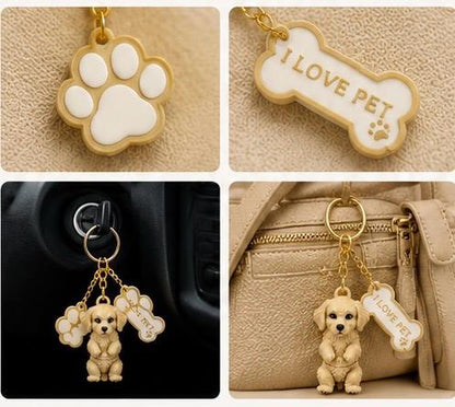 Golden Retriever Articulated Dog Keychain With Paw & Bone Cham