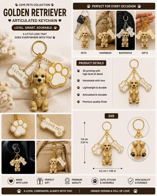 Golden Retriever Articulated Dog Keychain With Paw & Bone Cham