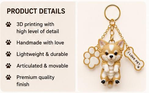 Cute Chihuahua Dog Keychain with Paw & Bone Charm