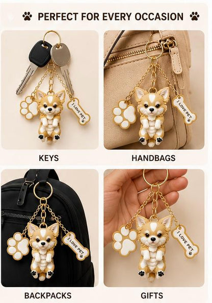 Cute Chihuahua Dog Keychain with Paw & Bone Charm