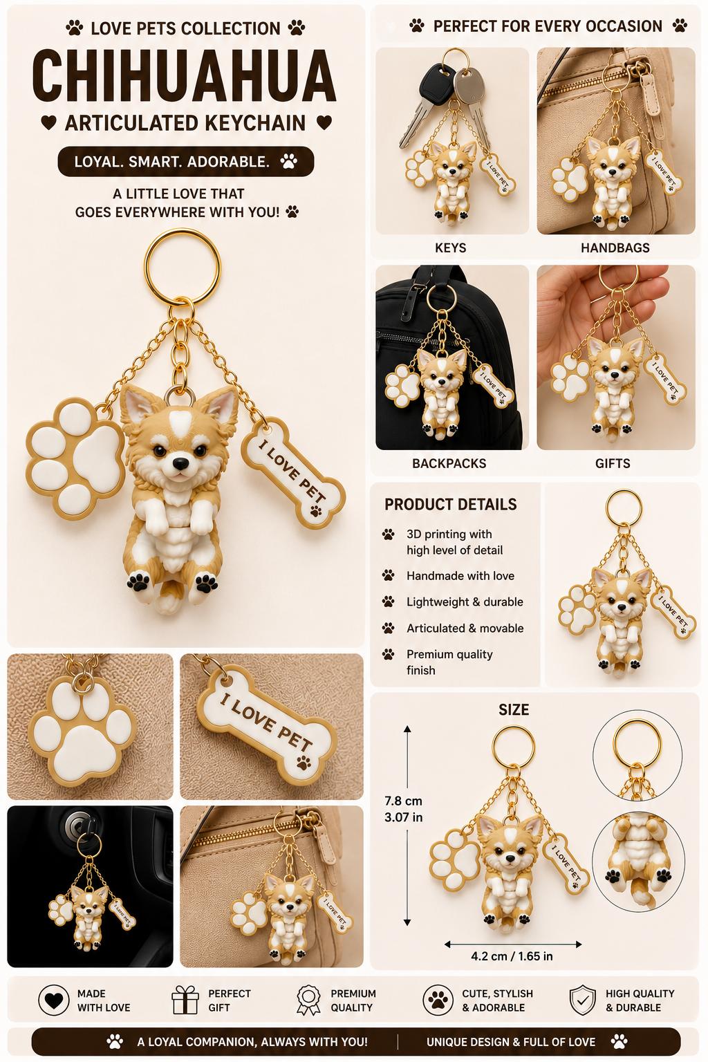 Cute Chihuahua Dog Keychain with Paw & Bone Charm