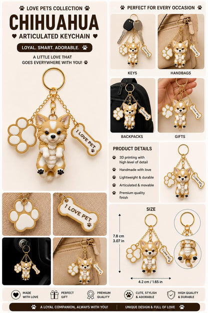 Cute Chihuahua Dog Keychain with Paw & Bone Charm