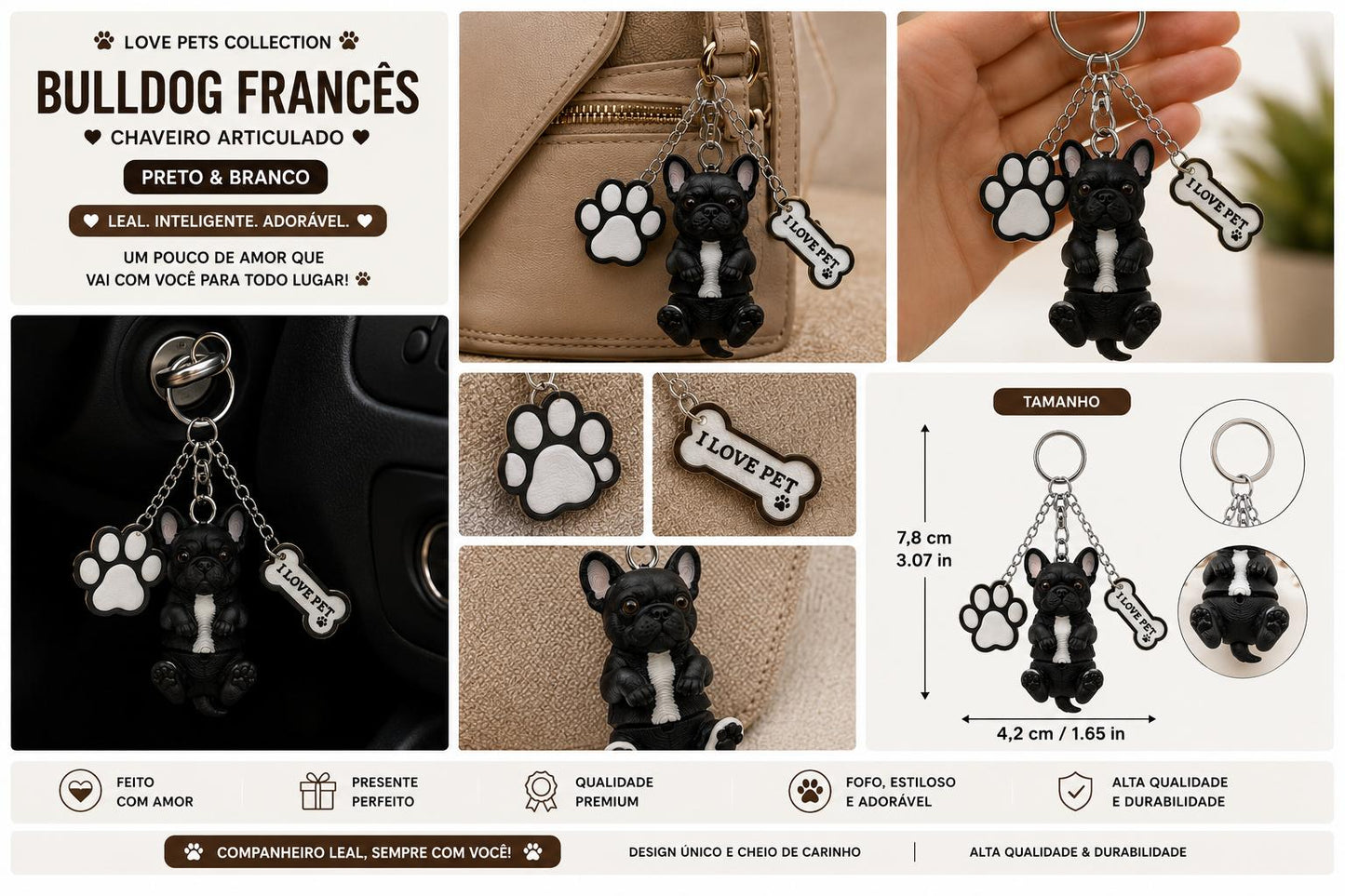 Bulldog Dog Keychain - Cute Puppy Bag Charm with Paw & Bone Accessories