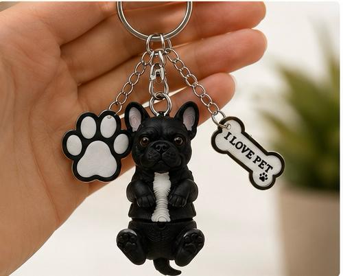 Bulldog Dog Keychain - Cute Puppy Bag Charm with Paw & Bone Accessories