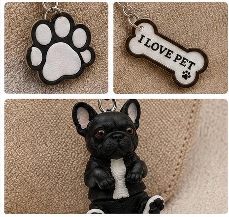 Bulldog Dog Keychain - Cute Puppy Bag Charm with Paw & Bone Accessories