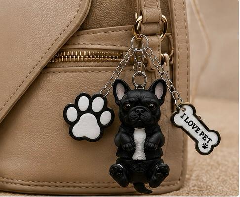 Bulldog Dog Keychain - Cute Puppy Bag Charm with Paw & Bone Accessories