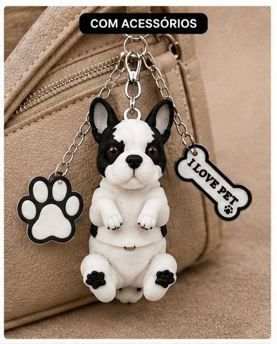 Bulldog Dog Keychain - Cute Puppy Bag Charm with Paw & Bone Accessories