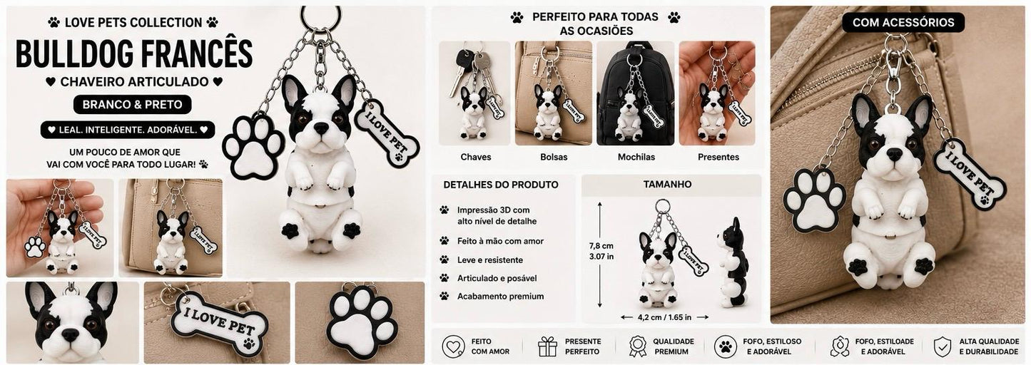 Bulldog Dog Keychain - Cute Puppy Bag Charm with Paw & Bone Accessories