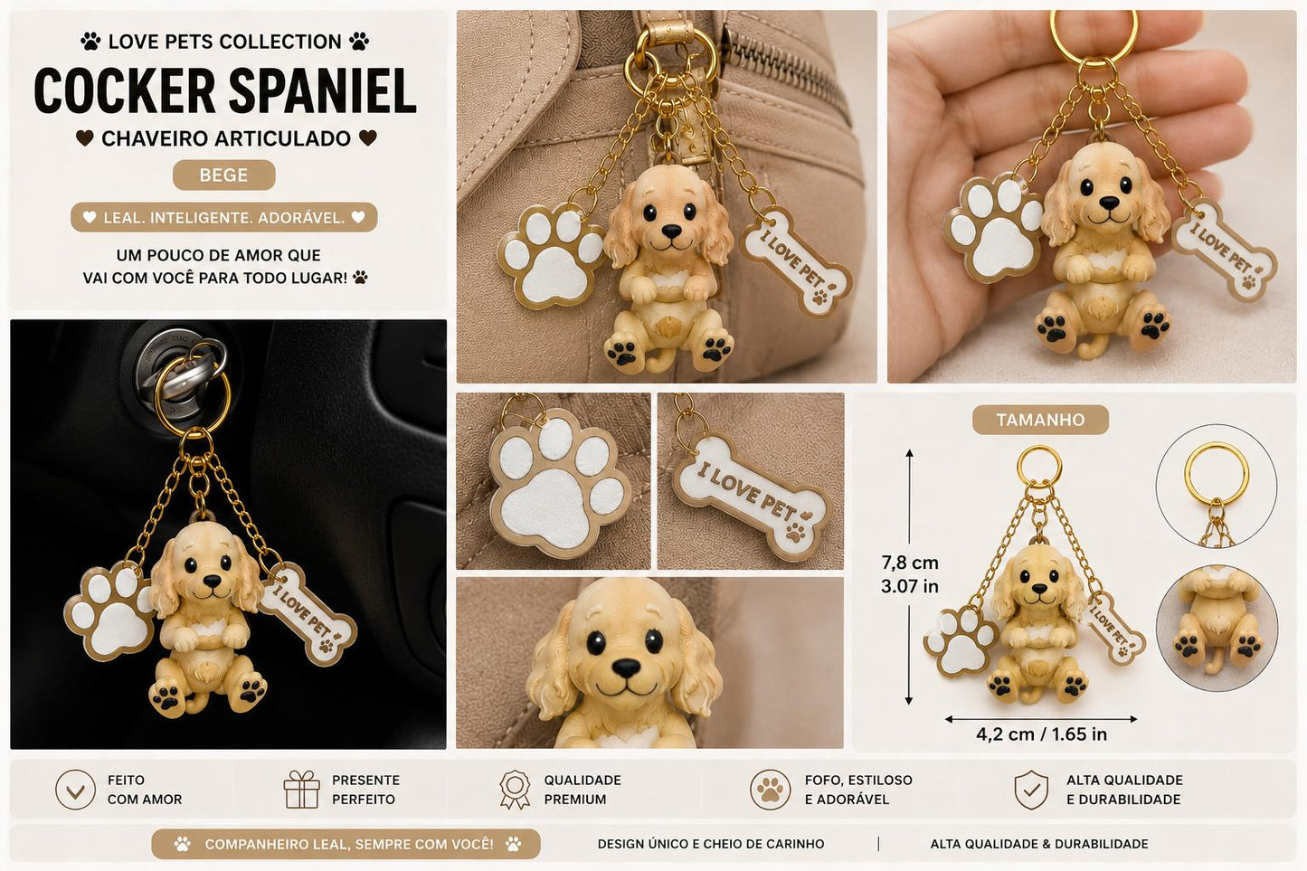 Cocker Spaniel Dog Keychain- Cute Puppy Bag Charm with Paw & Bone Accessories