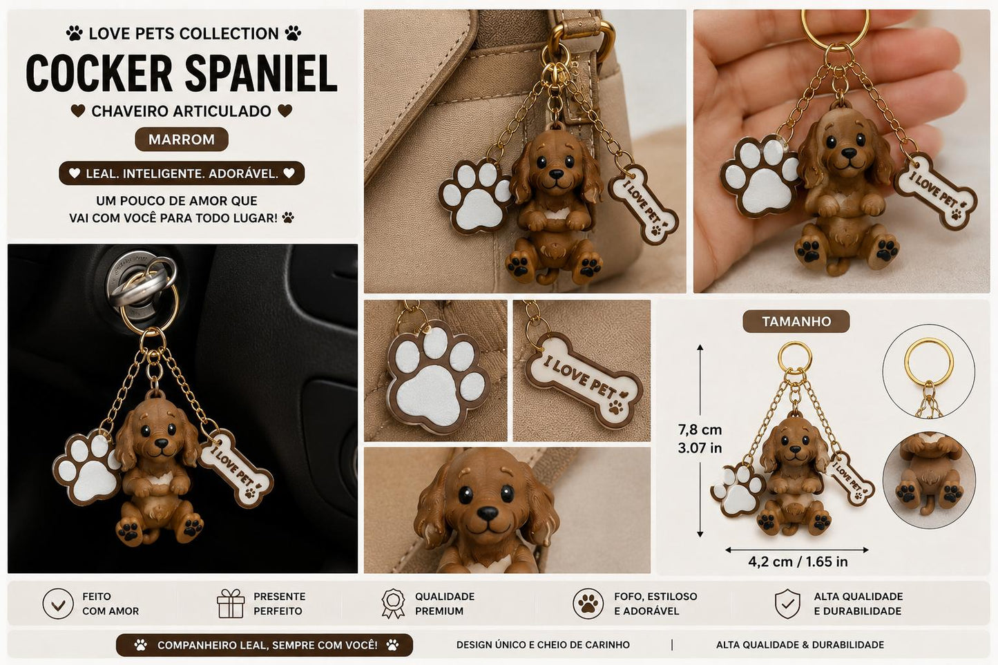 Cocker Spaniel Dog Keychain- Cute Puppy Bag Charm with Paw & Bone Accessories