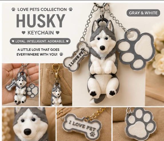 Husky Dog Keychain - Cute Puppy Bag Charm with Paw & Bone Accessories