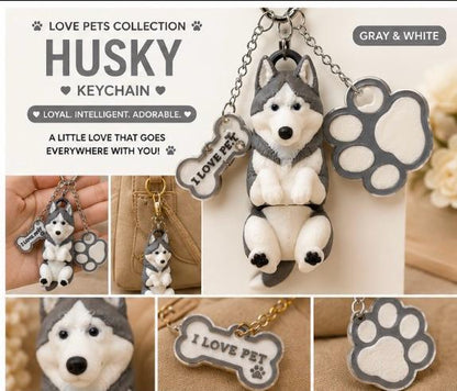 Husky Dog Keychain - Cute Puppy Bag Charm with Paw & Bone Accessories