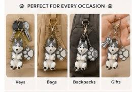Husky Dog Keychain - Cute Puppy Bag Charm with Paw & Bone Accessories