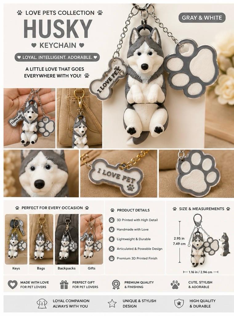 Husky Dog Keychain - Cute Puppy Bag Charm with Paw & Bone Accessories