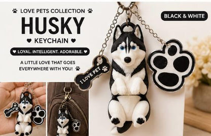 Husky Dog Keychain - Cute Puppy Bag Charm with Paw & Bone Accessories