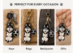 Husky Dog Keychain - Cute Puppy Bag Charm with Paw & Bone Accessories