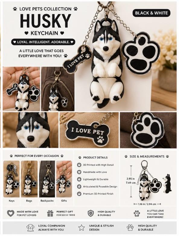 Husky Dog Keychain - Cute Puppy Bag Charm with Paw & Bone Accessories