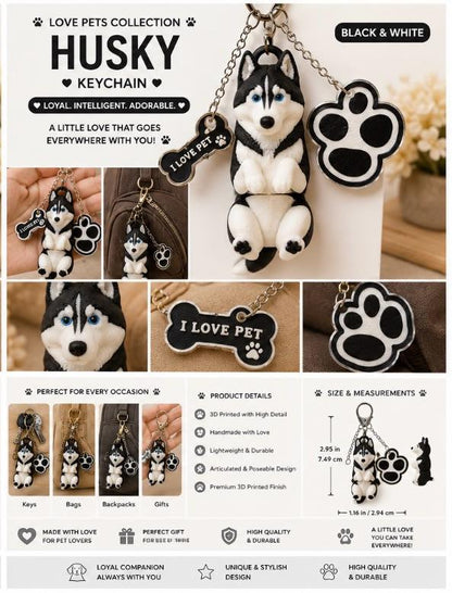 Husky Dog Keychain - Cute Puppy Bag Charm with Paw & Bone Accessories