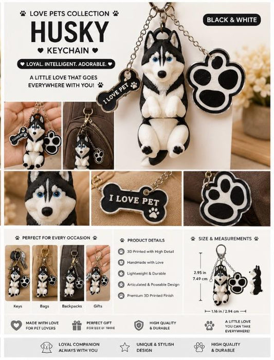 Husky Dog Keychain - Cute Puppy Bag Charm with Paw & Bone Accessories