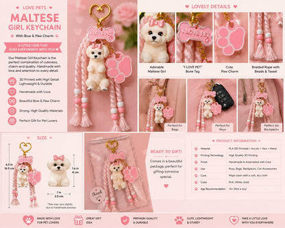 Love Pets Maltese Girl Keychain- Cute Puppy Bag Charm with Paw & Bone Accessories