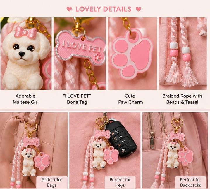 Love Pets Maltese Girl Keychain- Cute Puppy Bag Charm with Paw & Bone Accessories