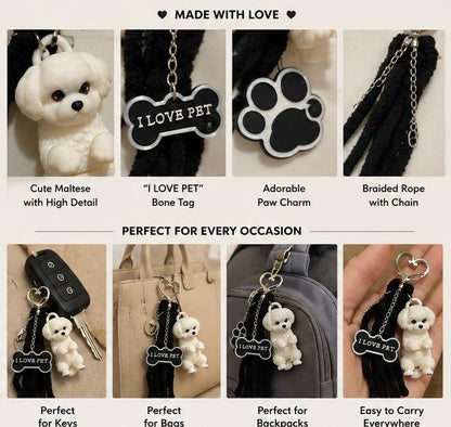Love Pets Maltese Girl Keychain- Cute Puppy Bag Charm with Paw & Bone Accessories