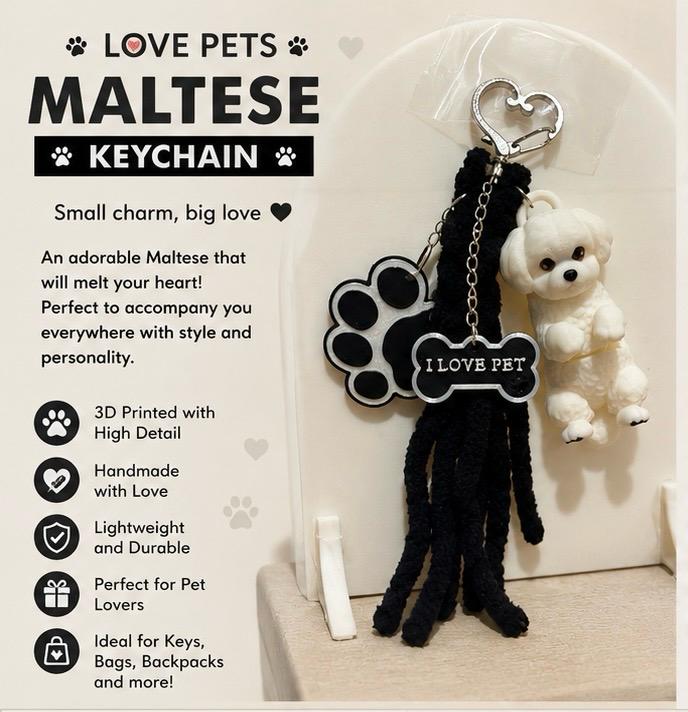Love Pets Maltese Girl Keychain- Cute Puppy Bag Charm with Paw & Bone Accessories