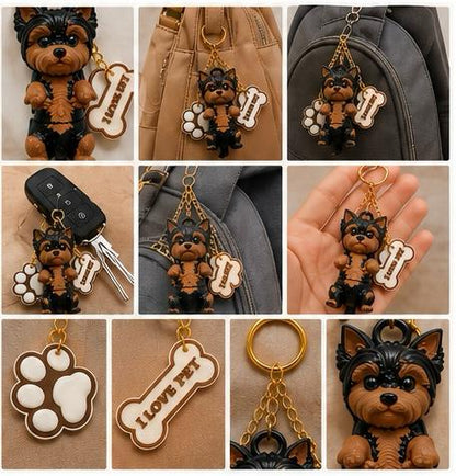Yorkshire Dog Keychain- Cute Puppy Bag Charm With Paw & Bone Accessories