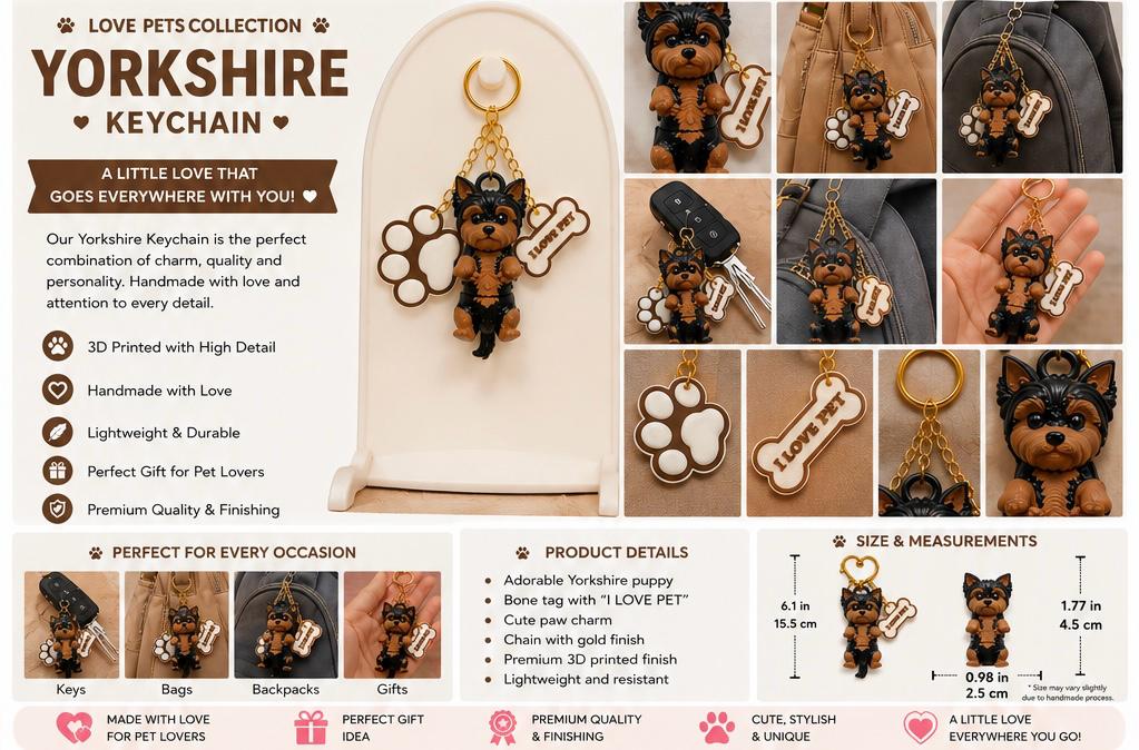 Yorkshire Dog Keychain- Cute Puppy Bag Charm With Paw & Bone Accessories