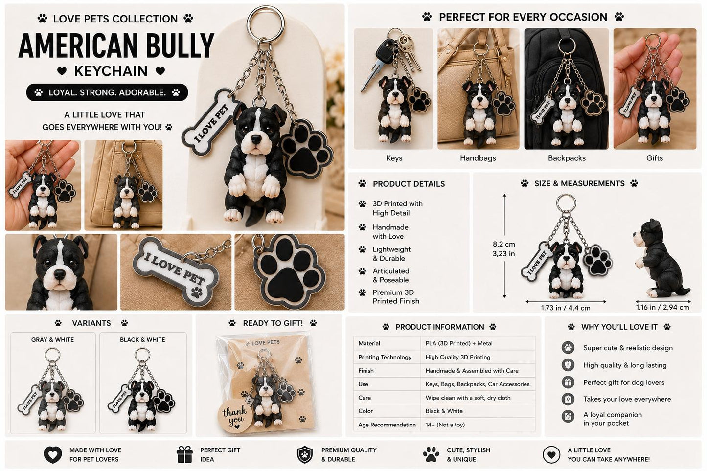 Amstaff American Bully - Cute Puppy Bag Charm with Paw & Bone Accessories
