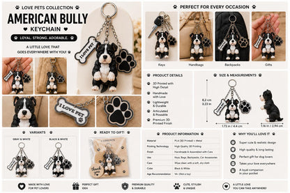 Amstaff American Bully - Cute Puppy Bag Charm with Paw & Bone Accessories