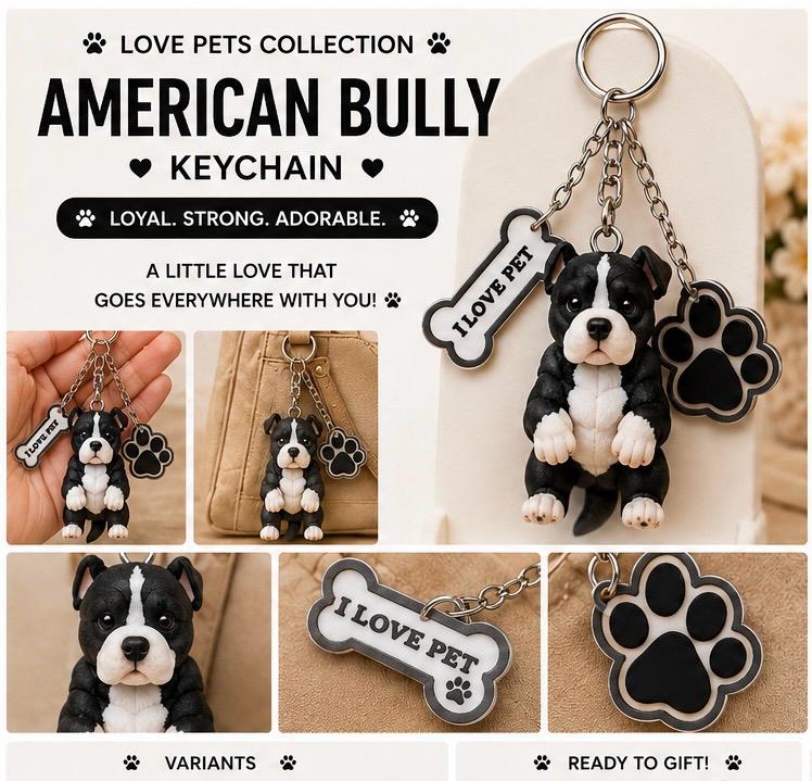 Amstaff American Bully - Cute Puppy Bag Charm with Paw & Bone Accessories