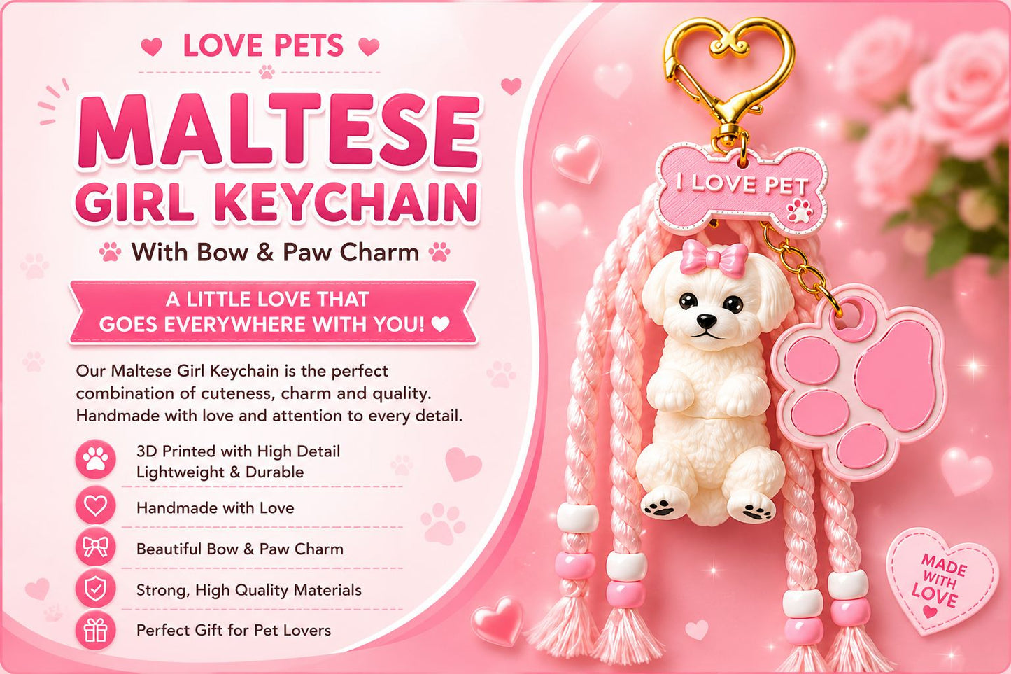 Love Pets Maltese Girl Keychain- Cute Puppy Bag Charm with Paw & Bone Accessories