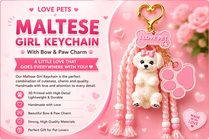Love Pets Maltese Girl Keychain- Cute Puppy Bag Charm with Paw & Bone Accessories