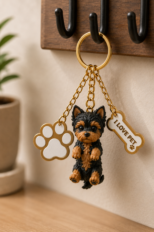 Yorkshire Dog Keychain- Cute Puppy Bag Charm With Paw & Bone Accessories